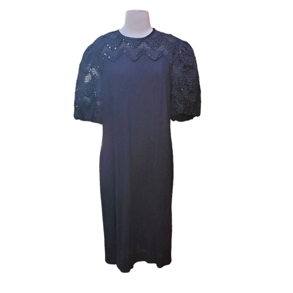 1970s Leslie‎ Fay Black Ribbed & Sequin Cocktail Dr